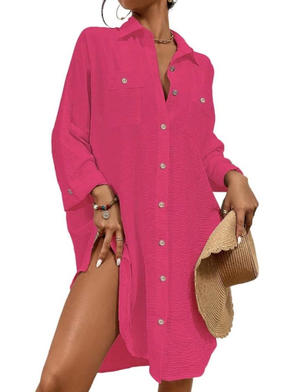Women's Hot Pink Polyester Button Down Shirt Cover Up Beach Swimsuit Cover Up
